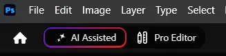 AI Assisted and Pro Editor on the Control Bar in Photoshop